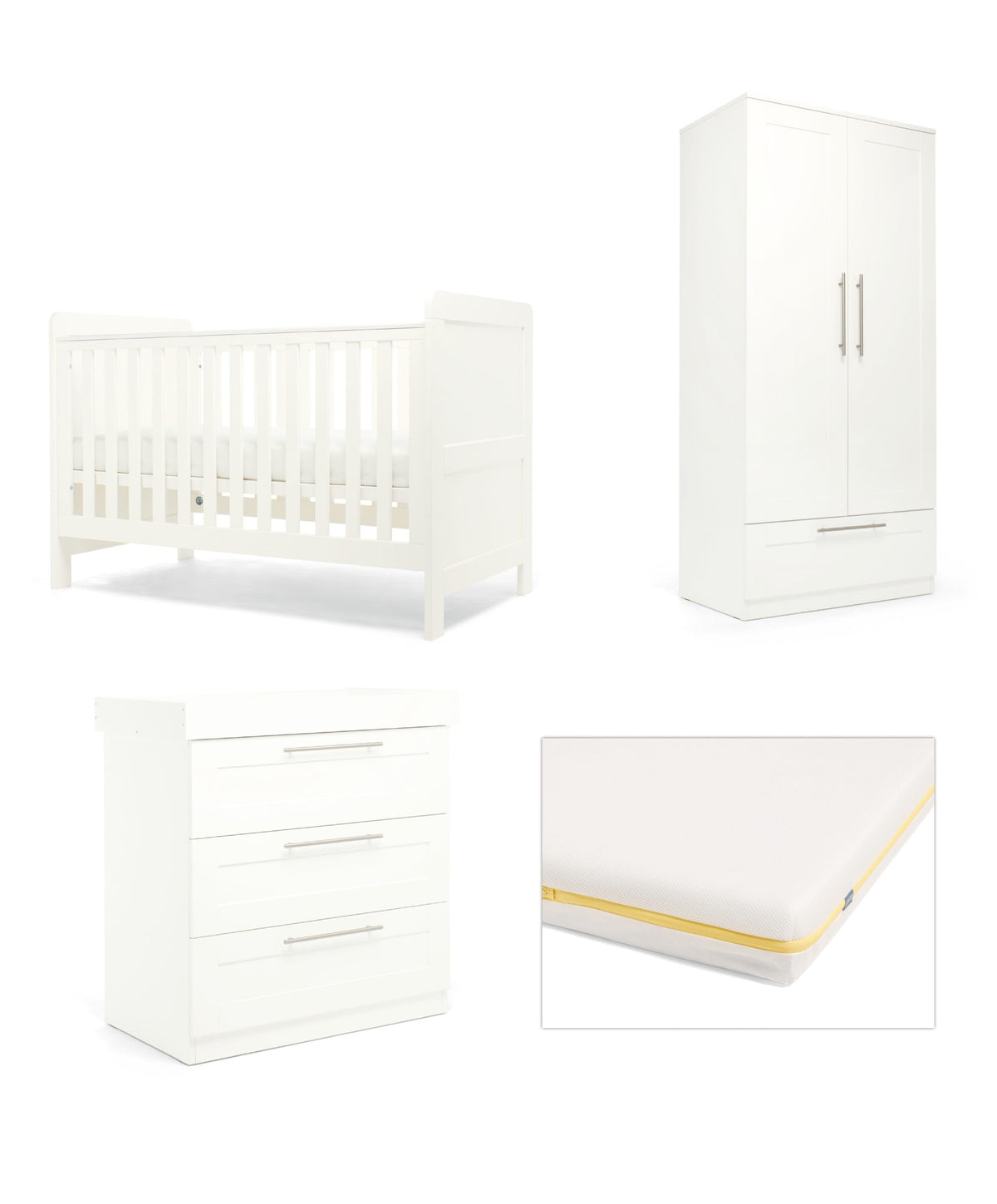 Mamas & Papas Hampden Nursery Furniture Range & Cotbed Essential Airflow Fibre Mattress - White