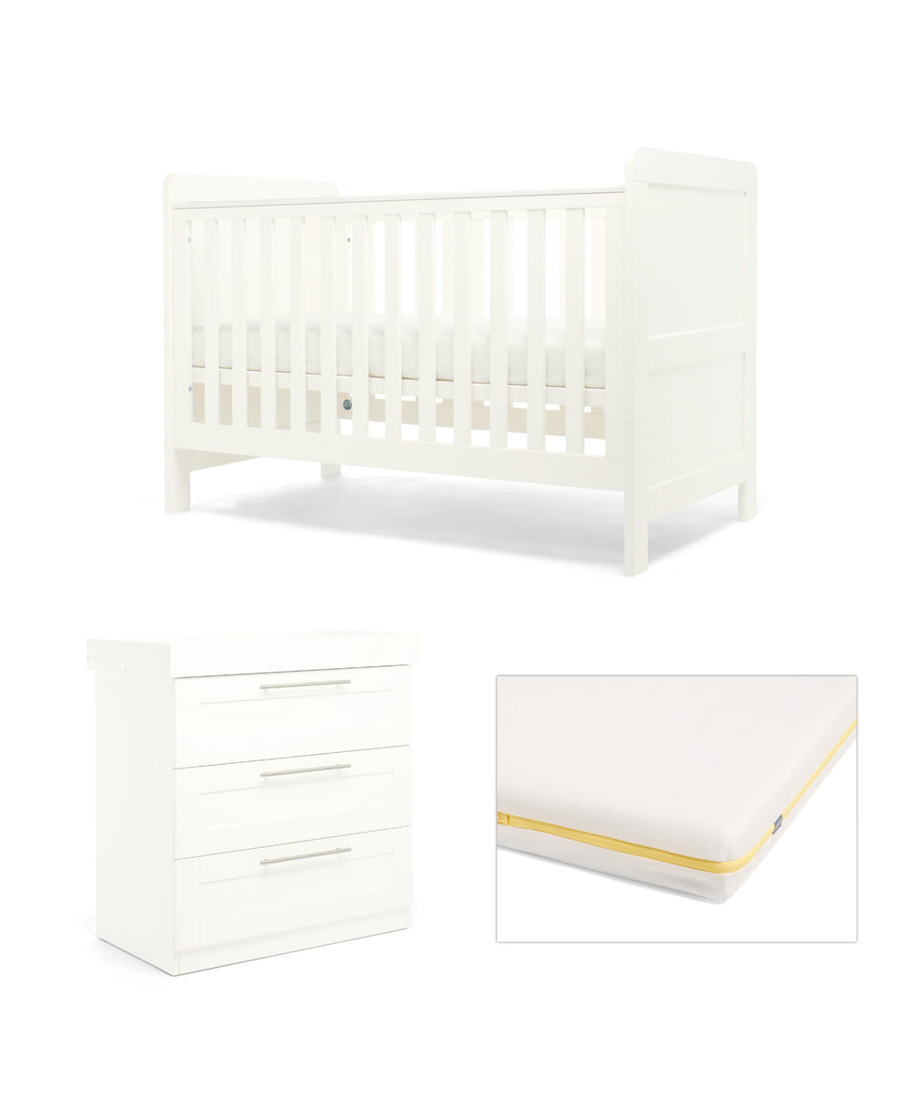 Mamas &amp; Papas Hampden Nursery Furniture Set &amp; Essential Airflow Fibre Cotbed Mattress - White
