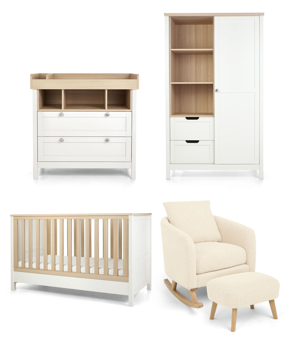 Mamas &amp; Papas Harwell 3 Piece Cotbed Range with Alma Nursing Chair &amp; Stool - White/ Off White Boucle