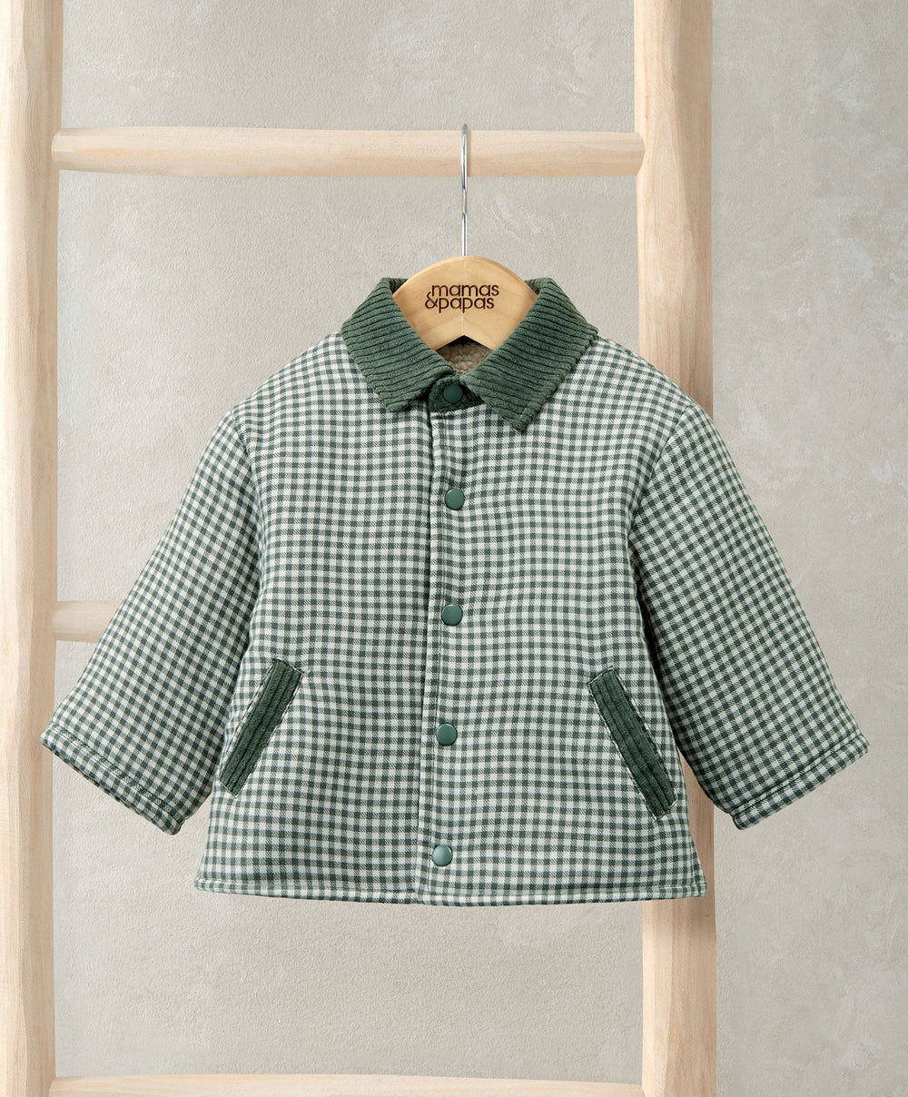 Mamas &amp; Papas Jackets &amp; Coats Check Jacket with Borg Lining &amp; Cord Collar - Green