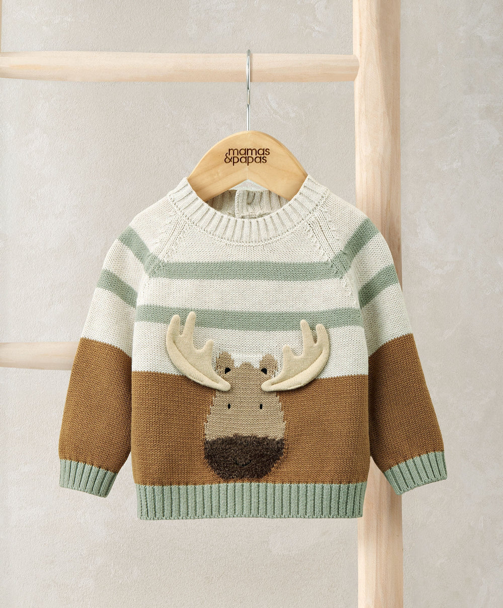 Mamas &amp; Papas Jumpers &amp; Knitwear Moose Character Knit Jumper with 3D Antlers - Brown