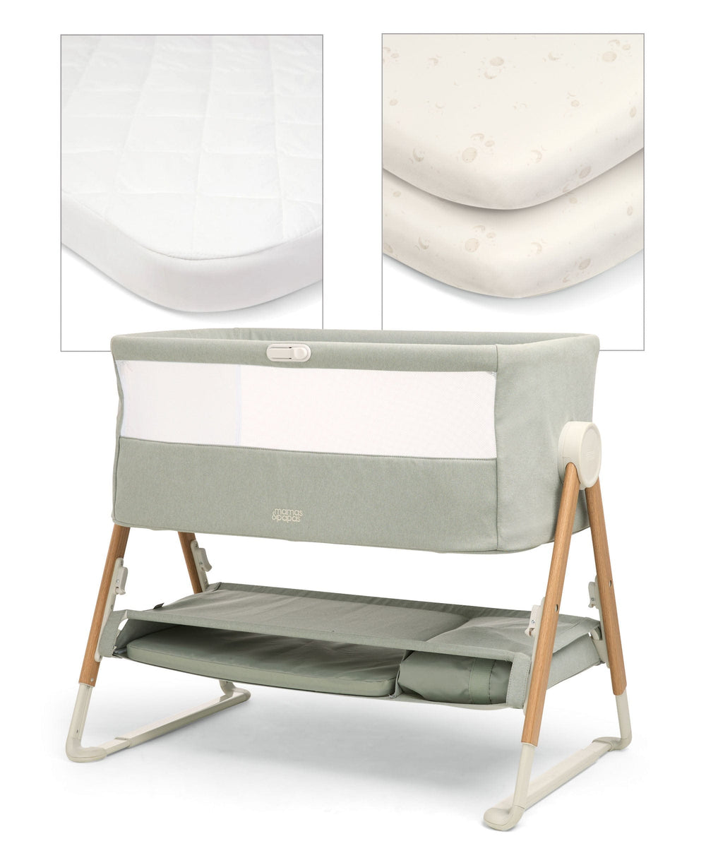 Mamas &amp; Papas Lua Bedside Crib and Sheet Bundle - Sage/Cosmic Sky