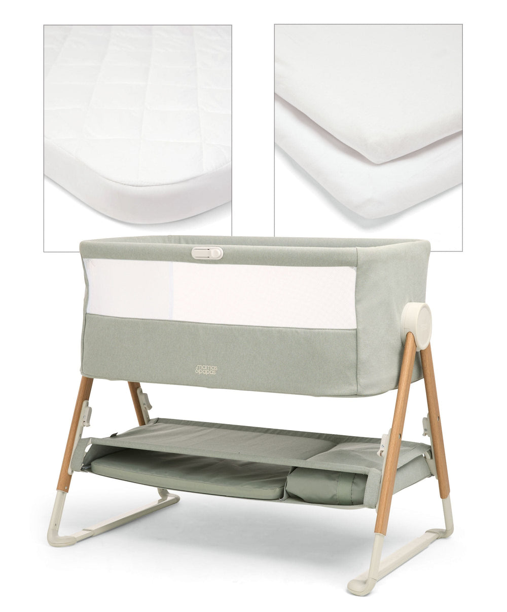 Mamas &amp; Papas Lua Bedside Crib and Sheet Bundle - Sage/White