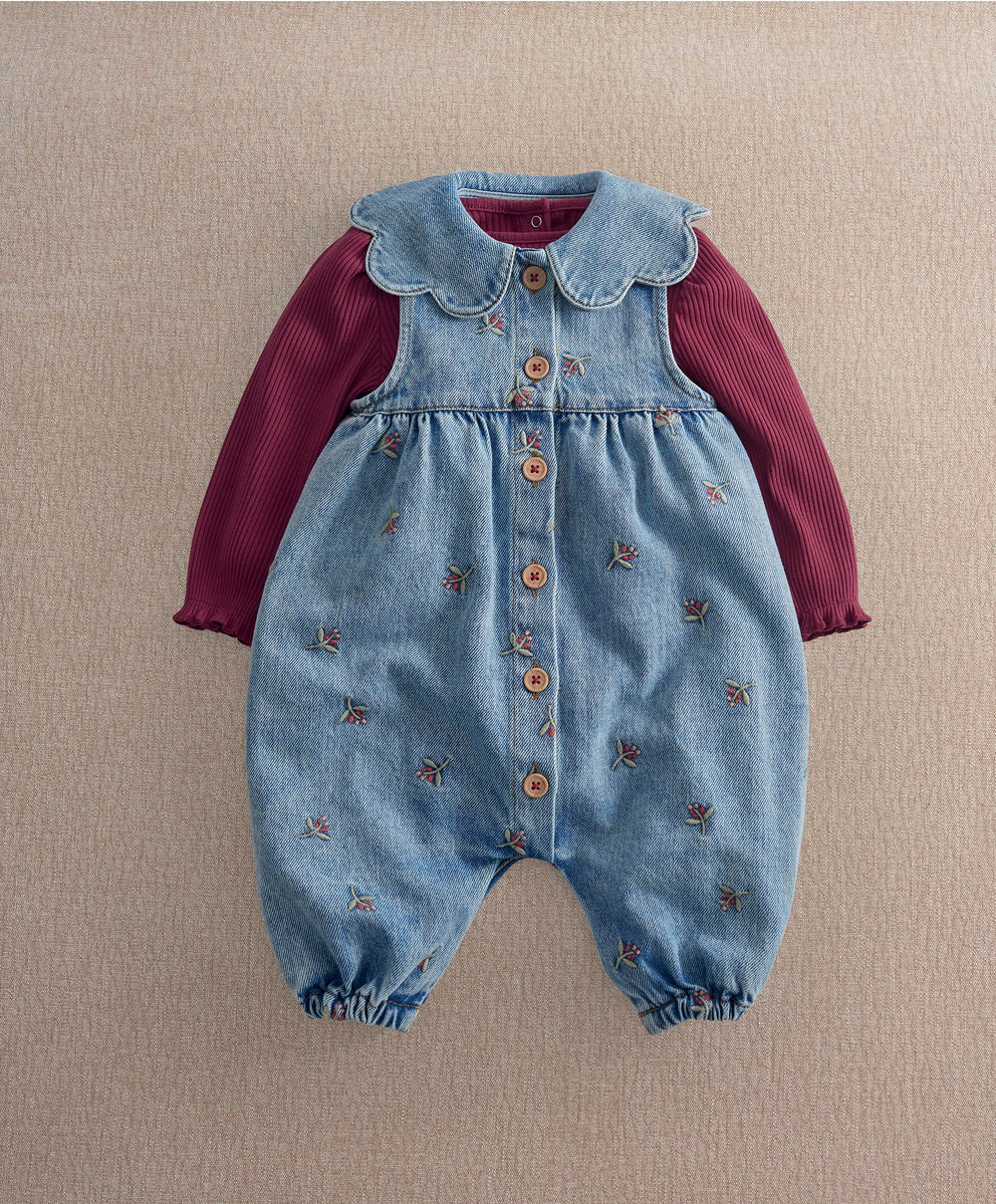 Mamas &amp; Papas Outfits &amp; Sets Berry Demin Dungarees &amp; Ribbed Bodysuit Set