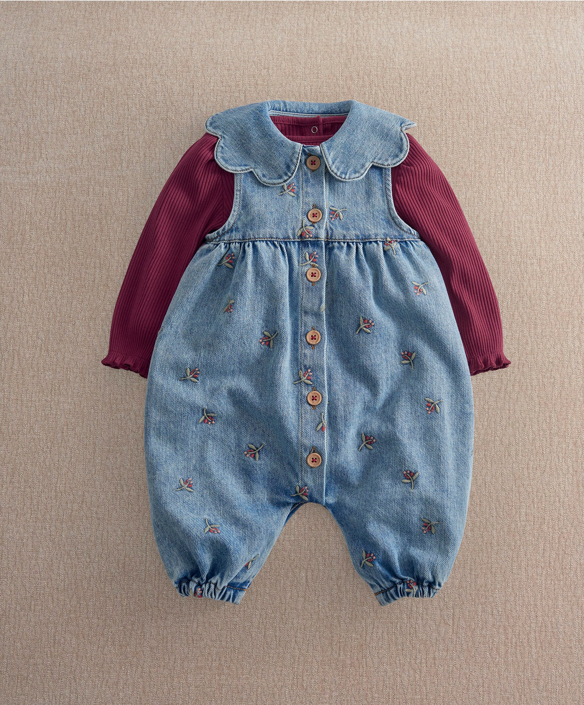 Mamas & Papas Outfits & Sets Berry Demin Dungarees & Ribbed Bodysuit Set