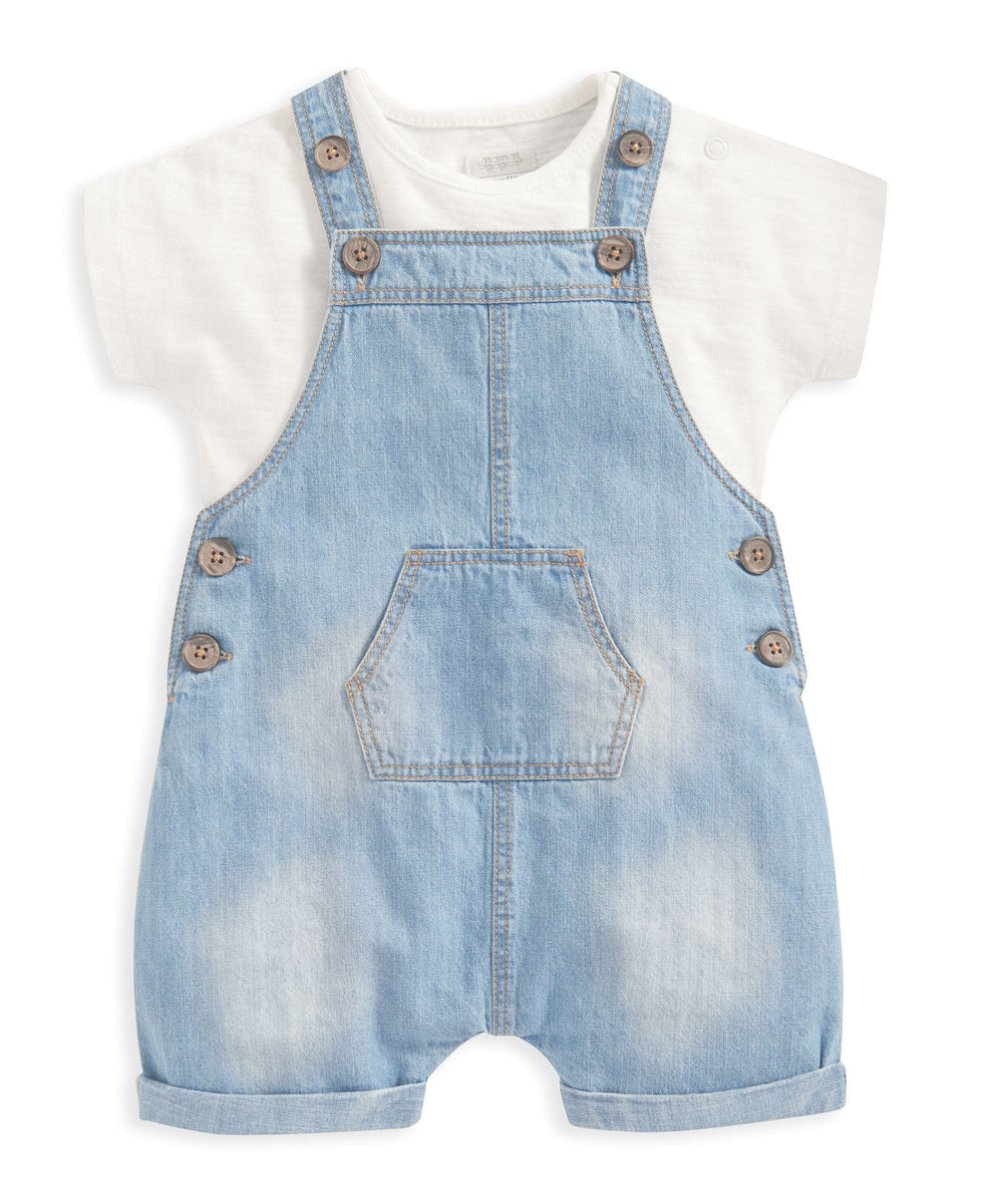 Mamas &amp; Papas Outfits &amp; Sets Denim Dungarees and White T Shirt - 2 Piece Set