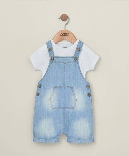 Mamas & Papas Outfits & Sets Denim Dungarees and White T Shirt - 2 Piece Set