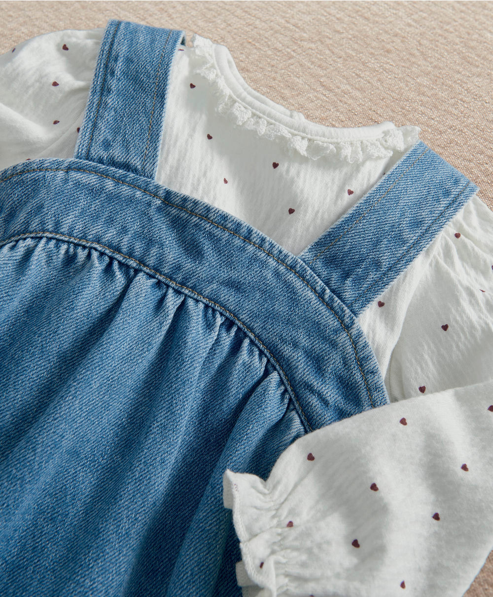 Mamas &amp; Papas Outfits &amp; Sets Denim Pinny Dress &amp; Heart Bodysuit Set