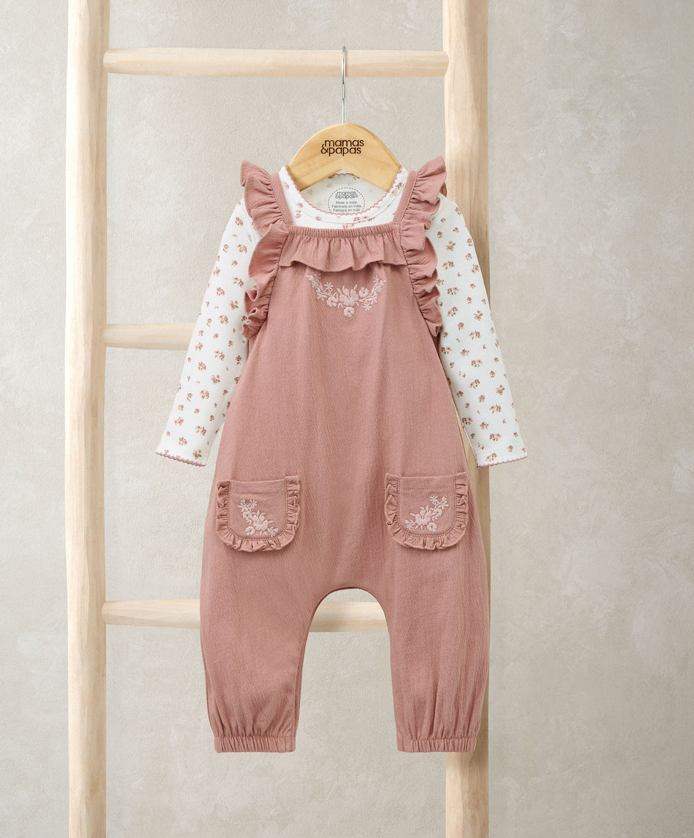 Mamas &amp; Papas Outfits &amp; Sets Embroidered Dungarees &amp; Bodysuit Set (2 Pieces) - Pink