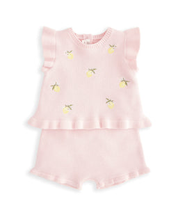 Mamas & Papas Outfits & Sets Embroidered Knit Top & Shorts Set (2 Pieces) - Pink