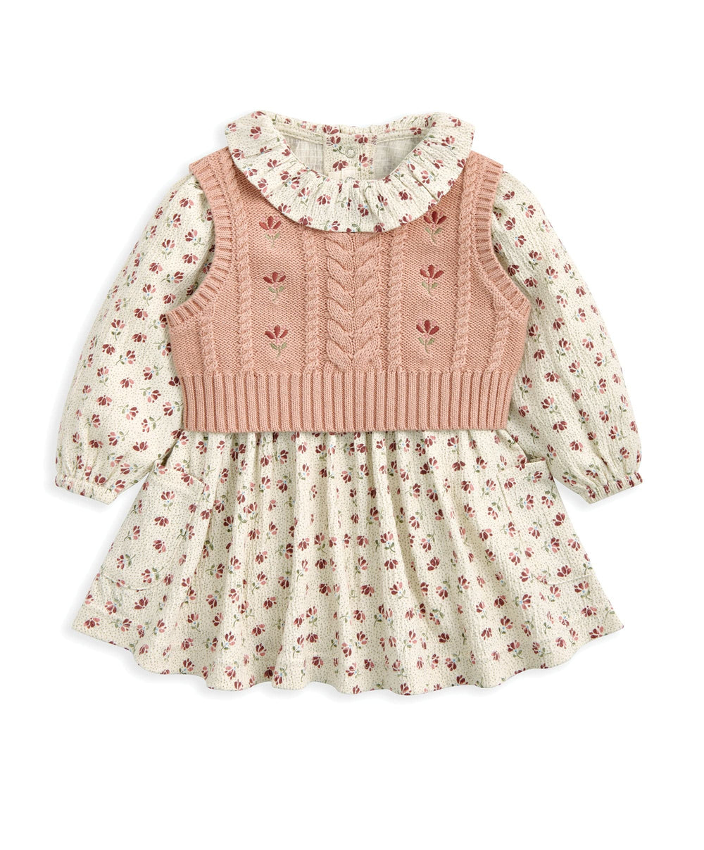 Mamas &amp; Papas Outfits &amp; Sets Floral Frill Collar Dress &amp; Embroidered Knit Vest Set (2 Pieces)
