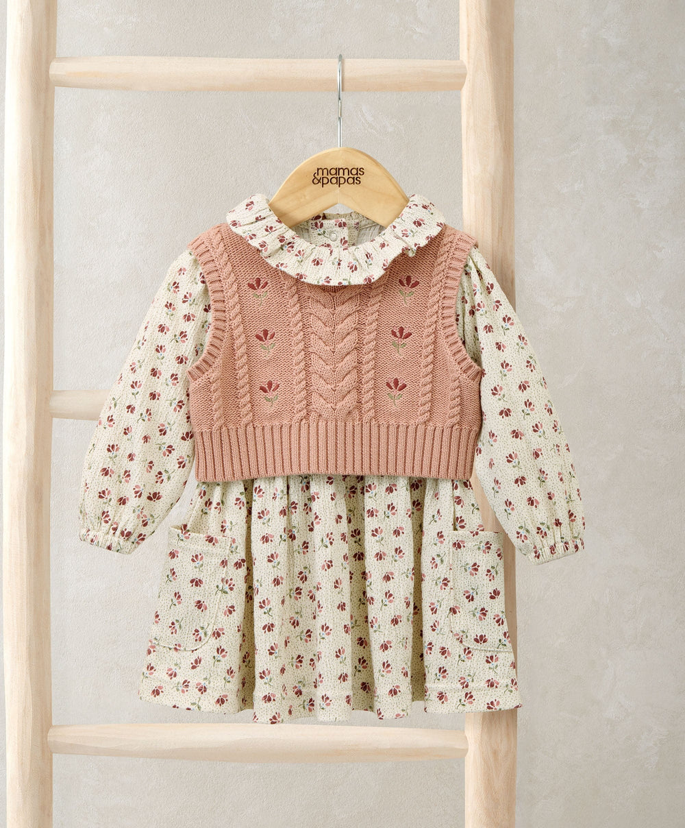 Mamas &amp; Papas Outfits &amp; Sets Floral Frill Collar Dress &amp; Embroidered Knit Vest Set (2 Pieces)