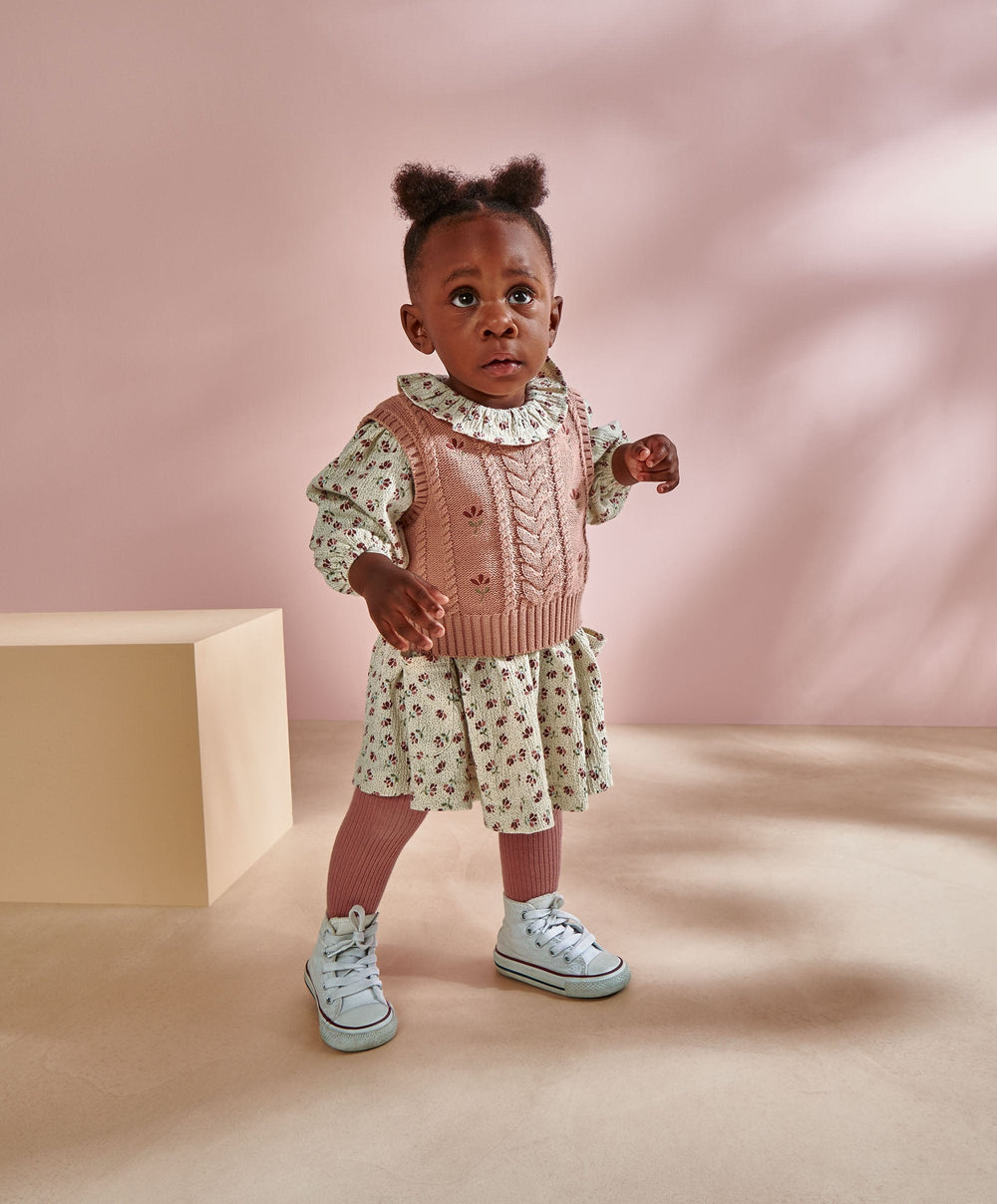 Mamas &amp; Papas Outfits &amp; Sets Floral Frill Collar Dress &amp; Embroidered Knit Vest Set (2 Pieces)