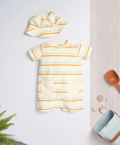 Mamas & Papas Outfits & Sets Towelling Shortie Striped Romper & Hat - 2 Piece Set
