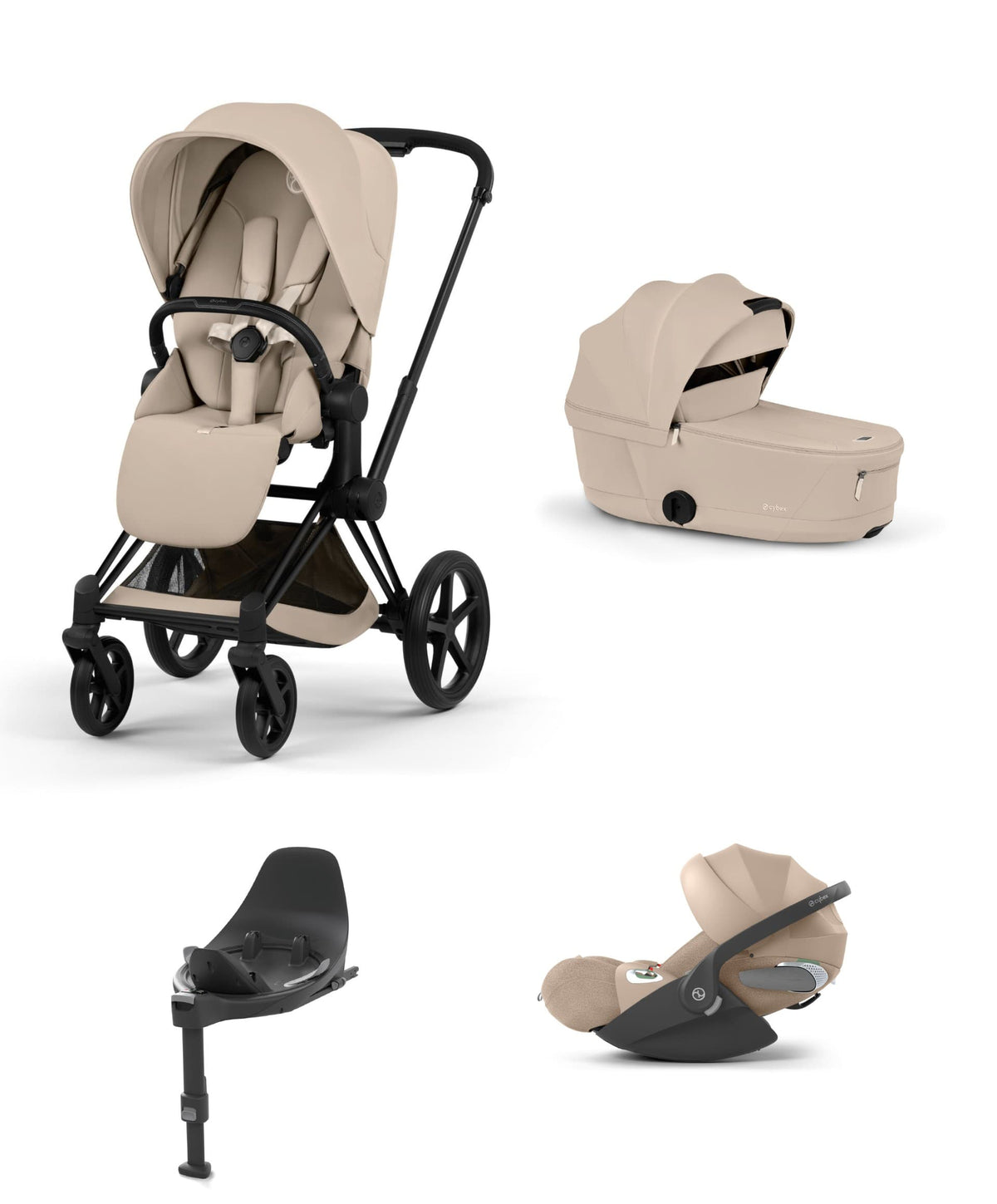 Mamas & Papas Pushchairs Cybex Priam Pushchair & Carry Cot Bundle With Cybex Cloud T Plus Car Seat & Base - Cozy Beige