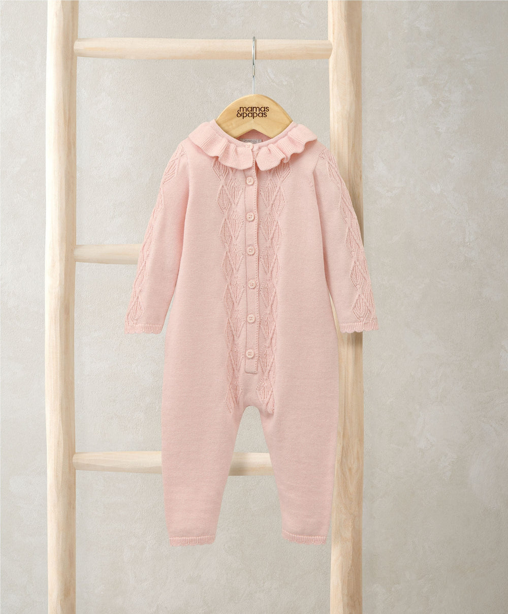 Mamas &amp; Papas Rompers Diamond Stitch Knitted Romper with Frill Collar - Pink