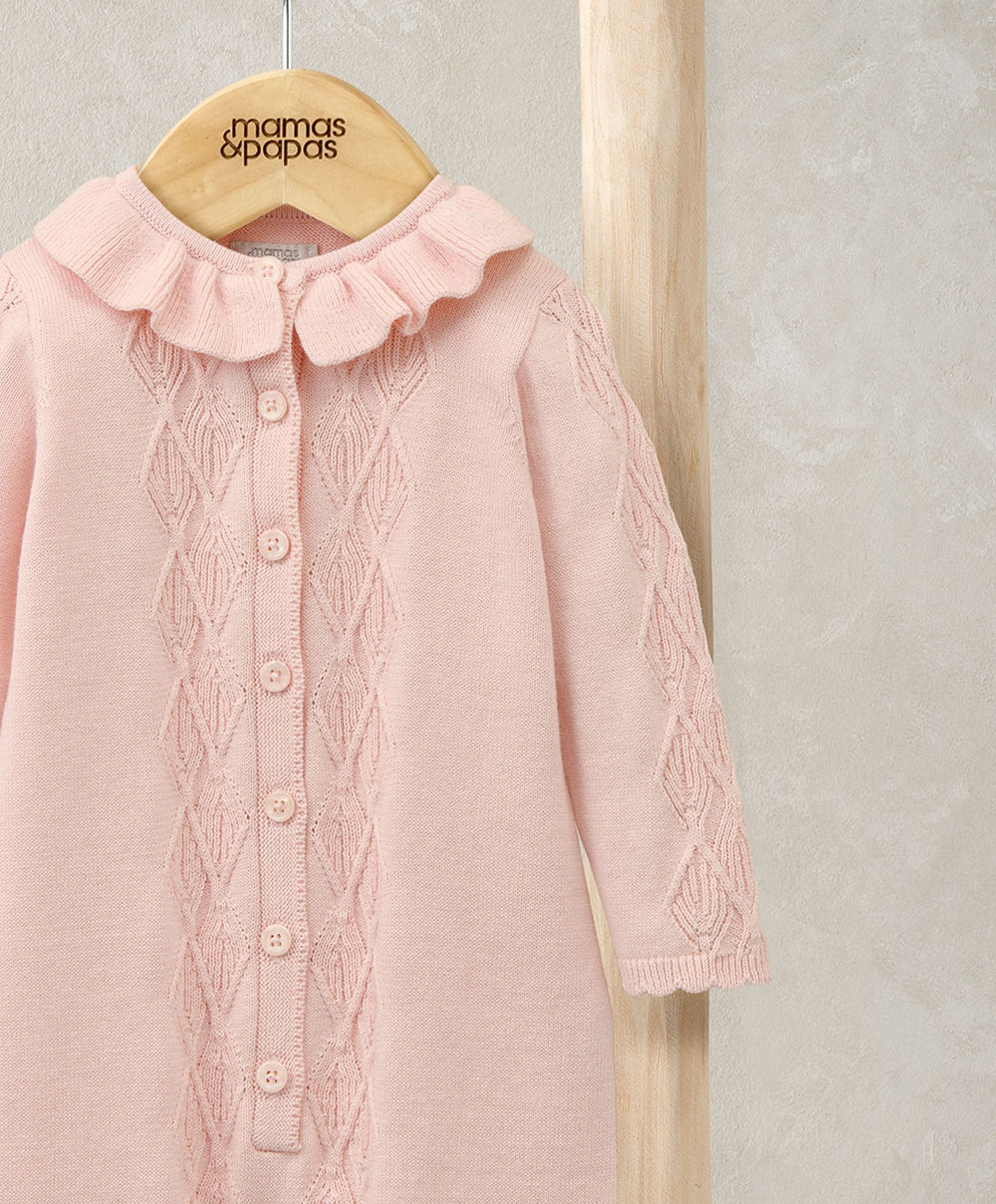 Mamas &amp; Papas Rompers Diamond Stitch Knitted Romper with Frill Collar - Pink