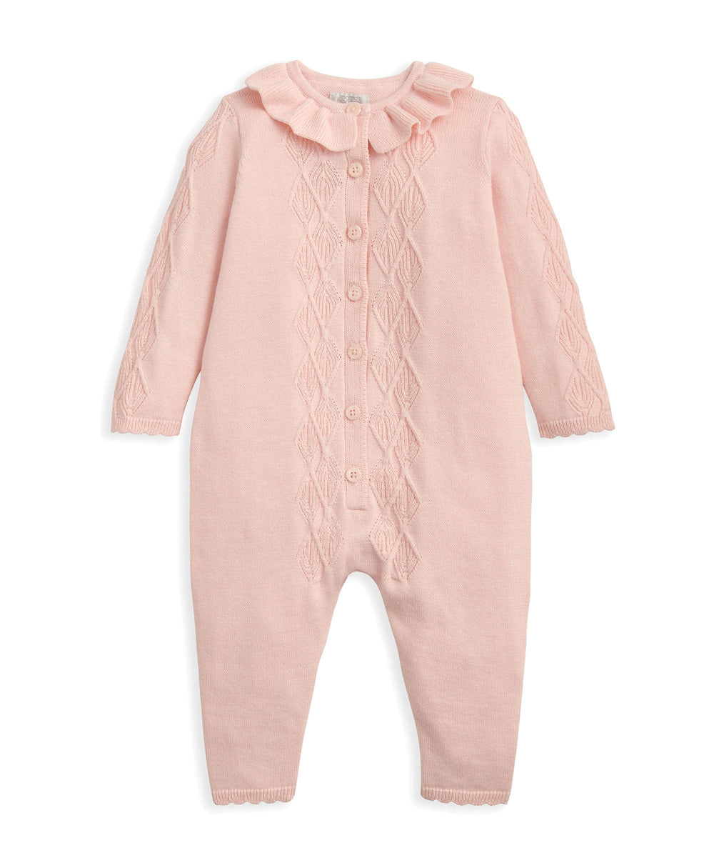 Mamas &amp; Papas Rompers Diamond Stitch Knitted Romper with Frill Collar - Pink