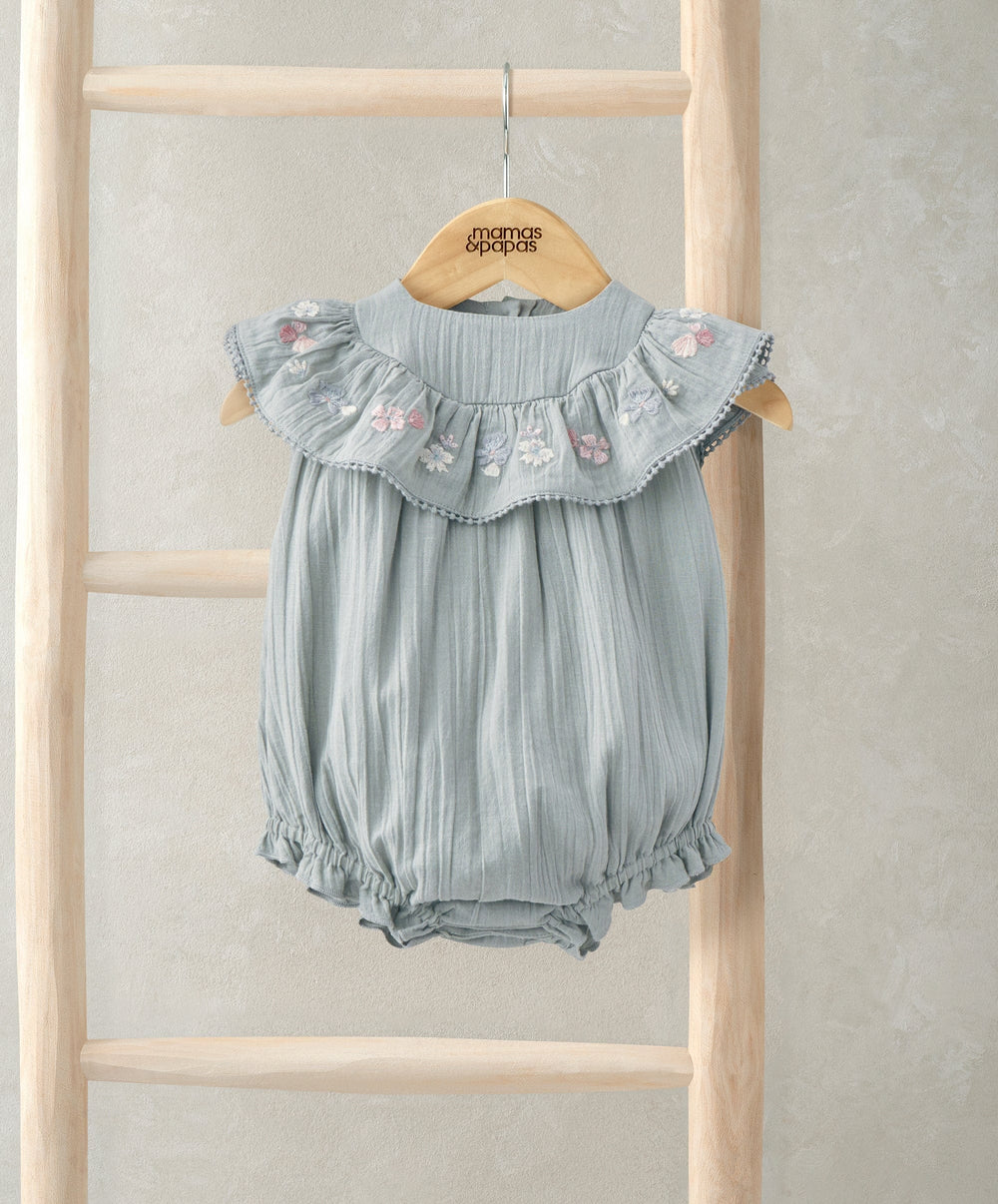 Mamas &amp; Papas Rompers Embroidered Frill Short Sleeve Romper - Green