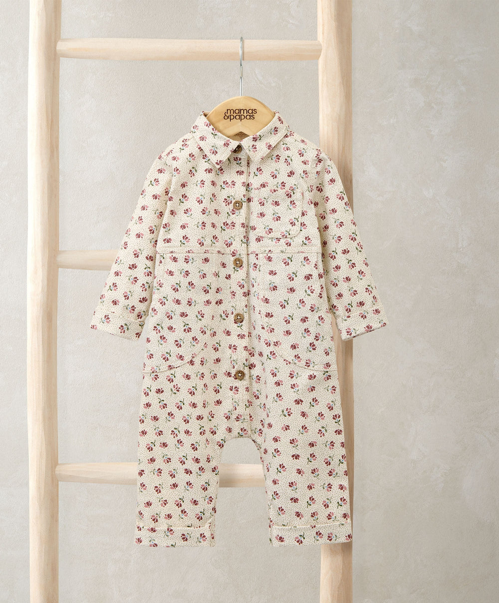 Mamas &amp; Papas Rompers Spotty Floral Twill Boiler Suit - Cream
