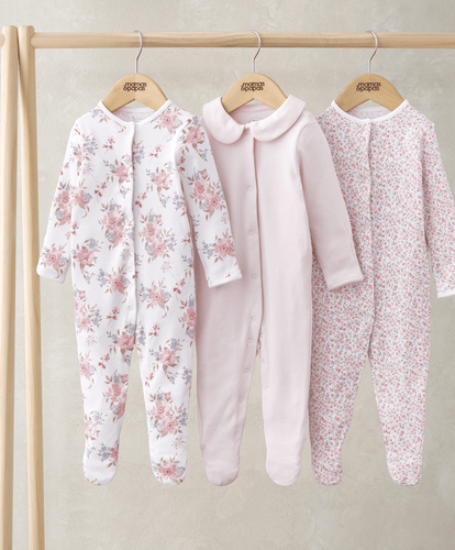 Mamas & Papas Sleepsuits Long Sleeve Sleepsuits (Pack of 3) - Watercolour & Ditsy Floral