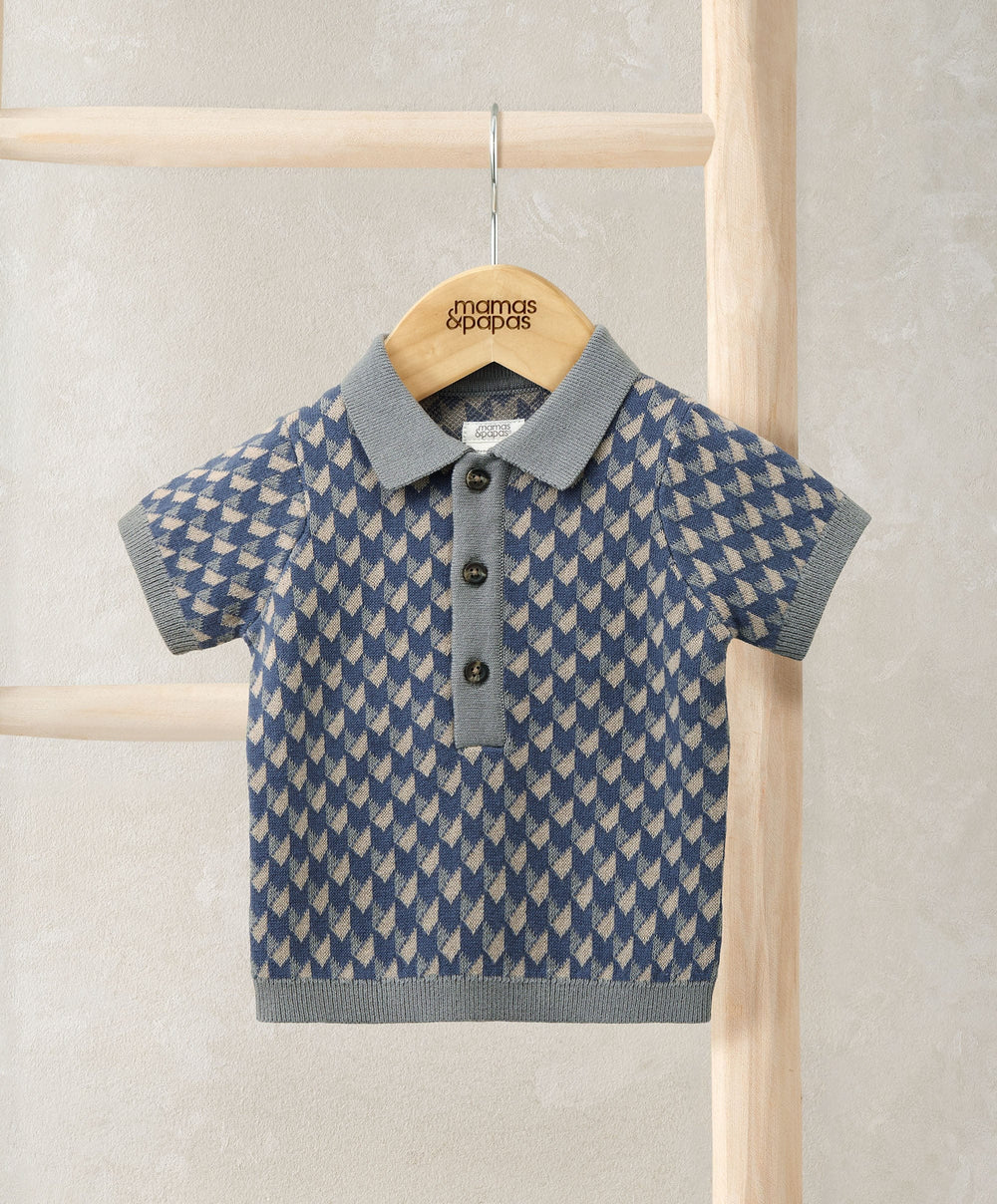 Mamas &amp; Papas Tops &amp; Shirts Jacquard Knit Polo Shirt with Button Placket - Blue