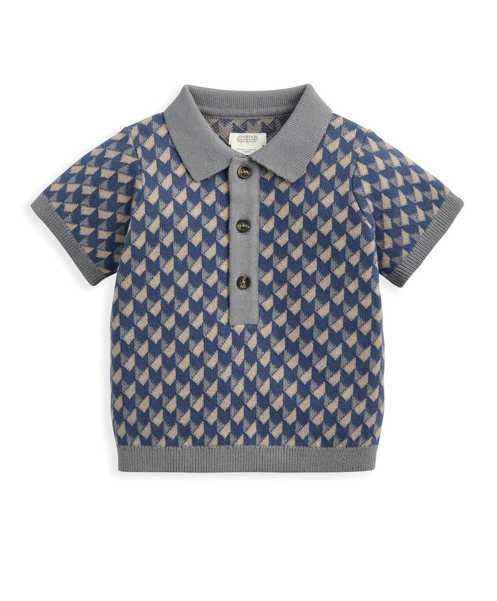 Mamas &amp; Papas Tops &amp; Shirts Jacquard Knit Polo Shirt with Button Placket - Blue