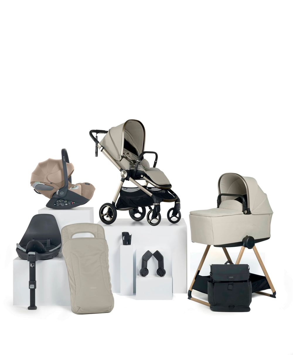 Mamas &amp; Papas Vardo Complete Pushchair Bundle with Cybex Cloud T i-Size Rotating Baby Car Seat &amp; Base (9 Pieces) - Shell/Cozy Beige