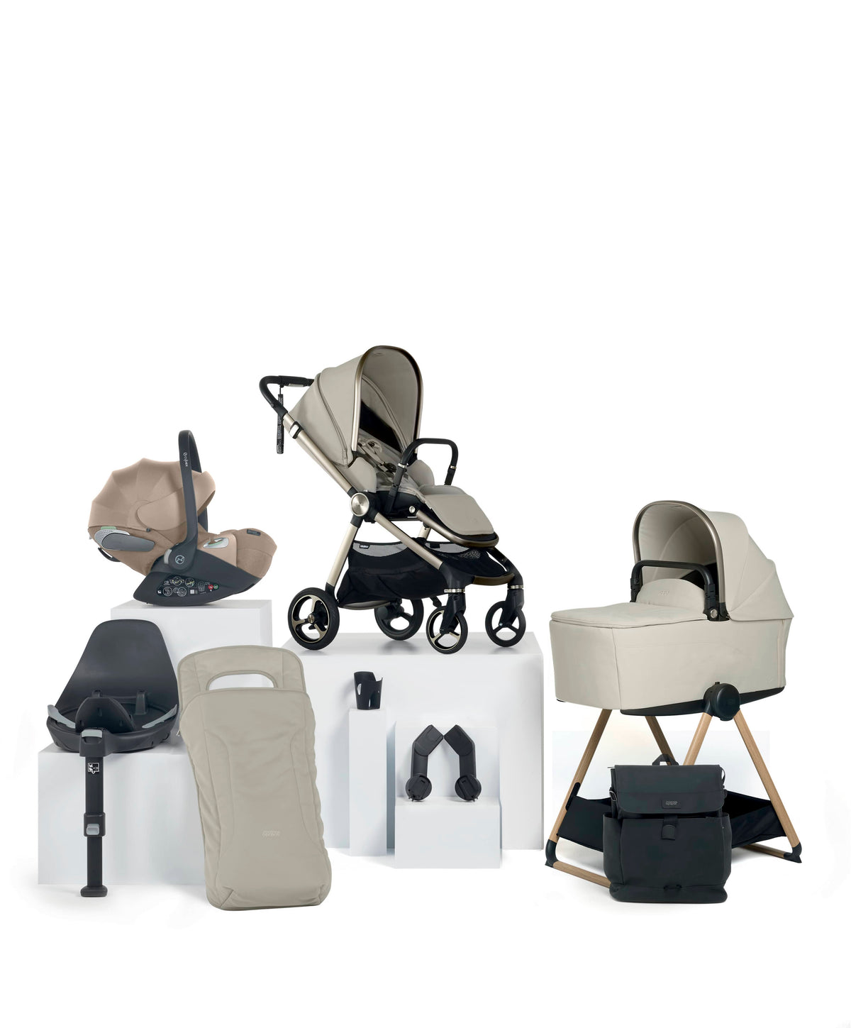Mamas & Papas Vardo Complete Pushchair Bundle with Cybex Cloud T i-Size Rotating Baby Car Seat & Base (9 Pieces) - Shell/Cozy Beige