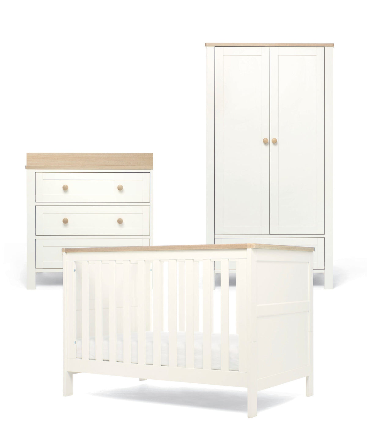 Mamas & Papas Wedmore 3 Piece Small Cotbed Range with Dresser Changer & Wardrobe - White/Oak