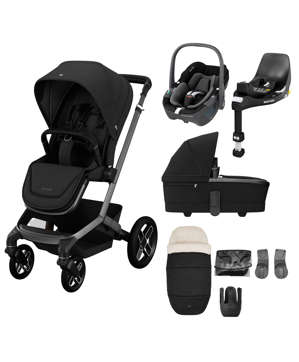 Maxi Cosi Pushchairs Maxi Cosi Fame Complete Pushchair Bundle with Pebble 360 Car Seat &amp; Base – Black with Black Wheels