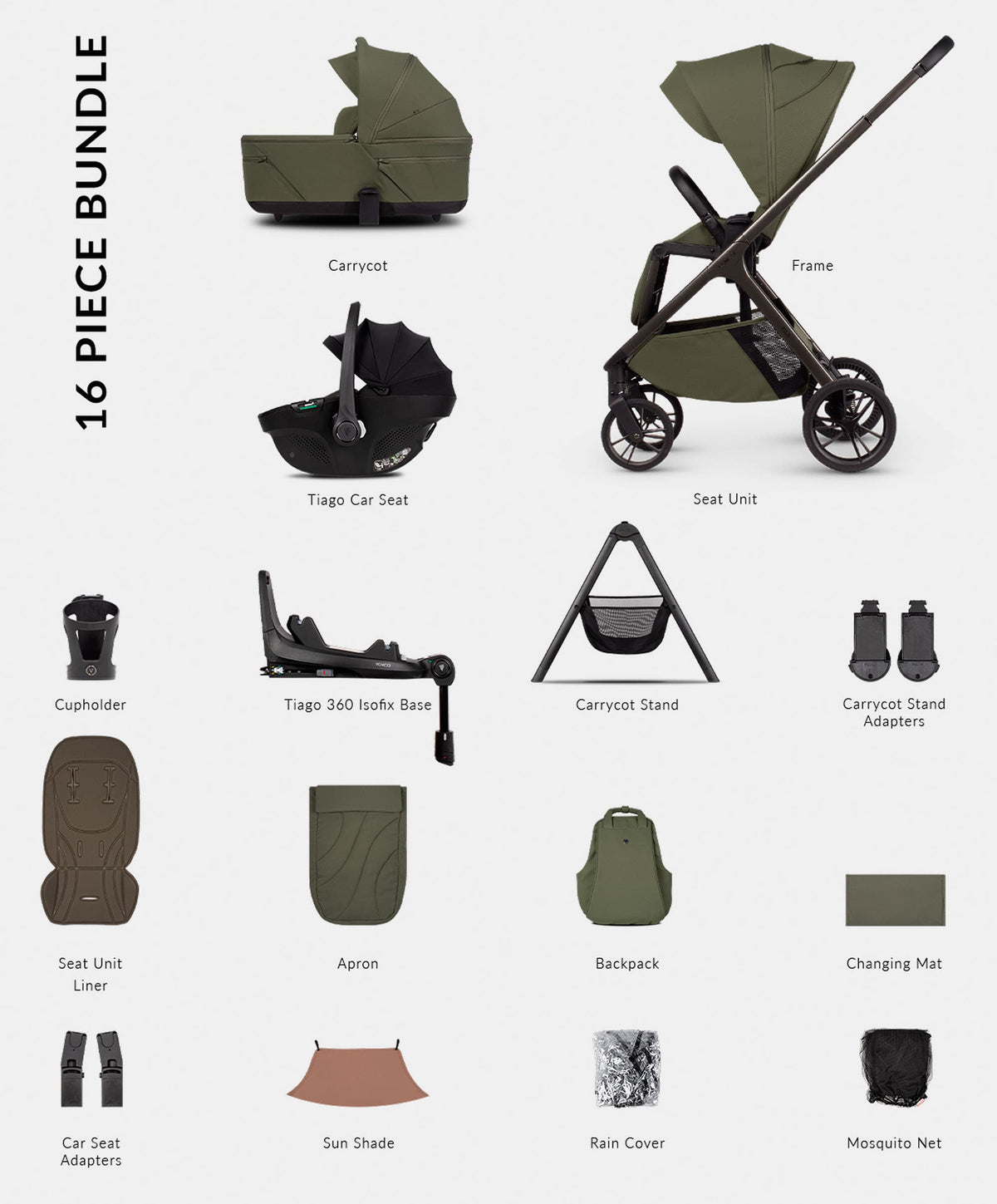 Venicci Pushchairs Tila 4in1 Ultimate Pushchair Bundle (16 Pieces) - Olive