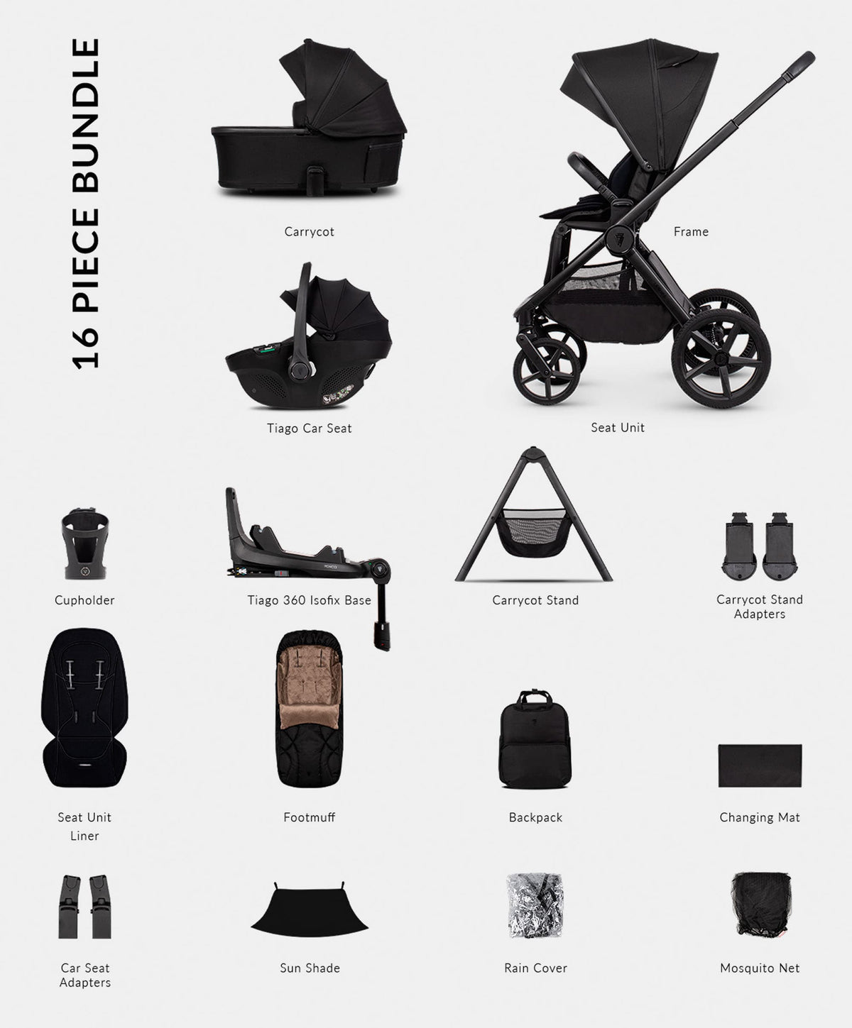 Venicci Pushchairs Upline 3 4in1 Plus Ultimate Pushchair Bundle (16 Pieces) - Onyx