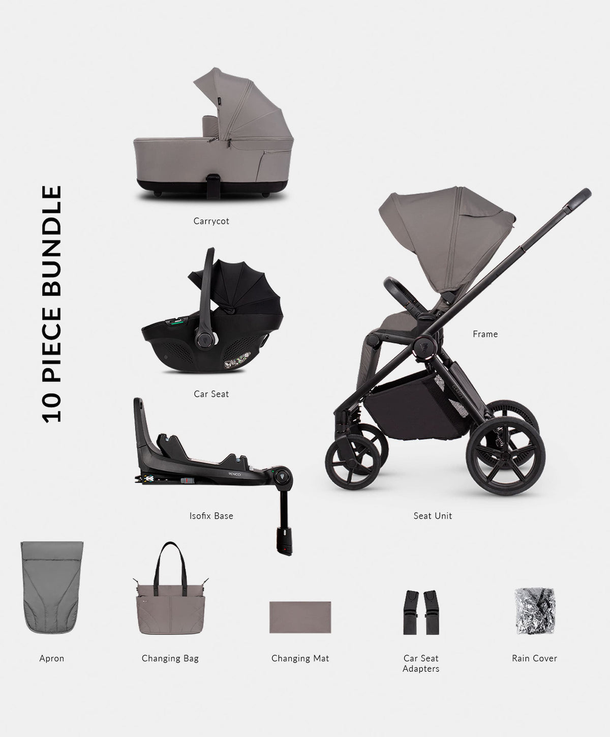 Venicci Pushchairs Venicci Claro 4in1 Luxury Pushchair Bundle with Tiago Cae Seat (10 pieces) - Fog
