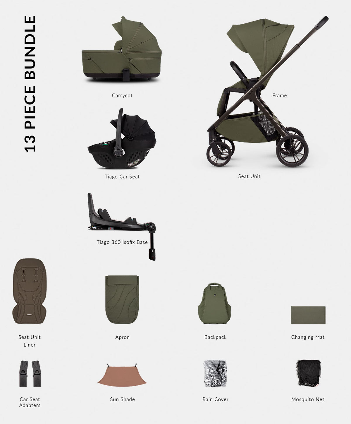 Venicci Pushchairs Venicci Tila Pushchair 4in1 Pushchair Bundle (13 piece) - Olive