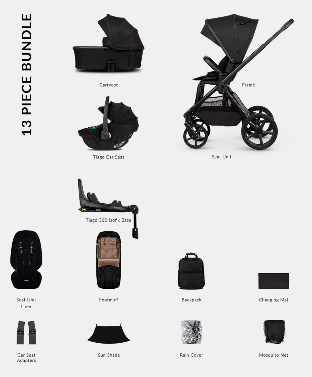Venicci Pushchairs Venicci Upline 3 4in1 Pushchair Bundle With Tiago 2 Car Seat (13 Pieces) - Onyx