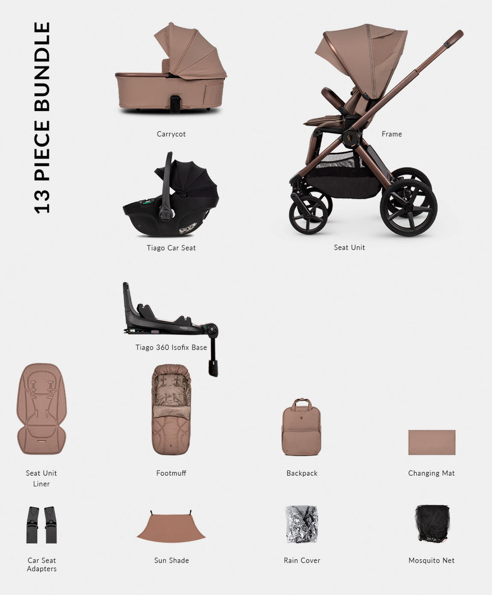 Venicci Pushchairs Venicci Upline 3 4in1 Pushchair Bundle With Tiago 2 Car Seat (13 Pieces) - Sand