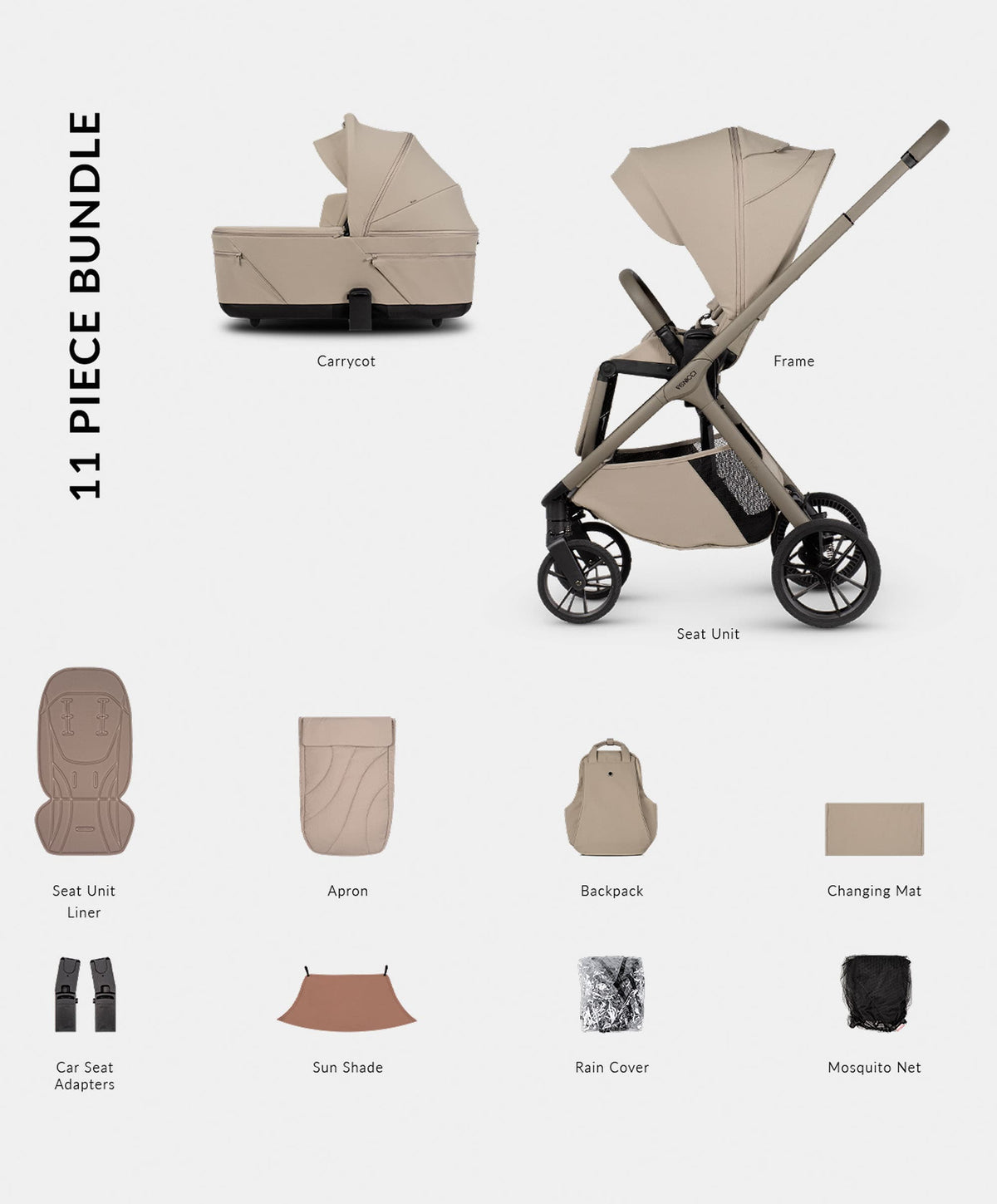 Venicci Tila 2in1 Essential Pushchair Bundle (11 Pieces) -  Latte